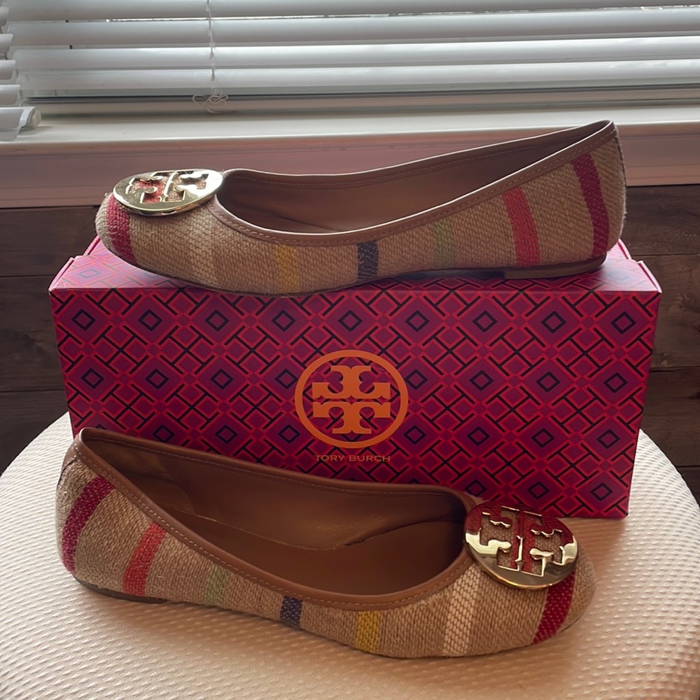 Tory Burch Reva W/Binding -Striped Burlap/ Veg Leather.